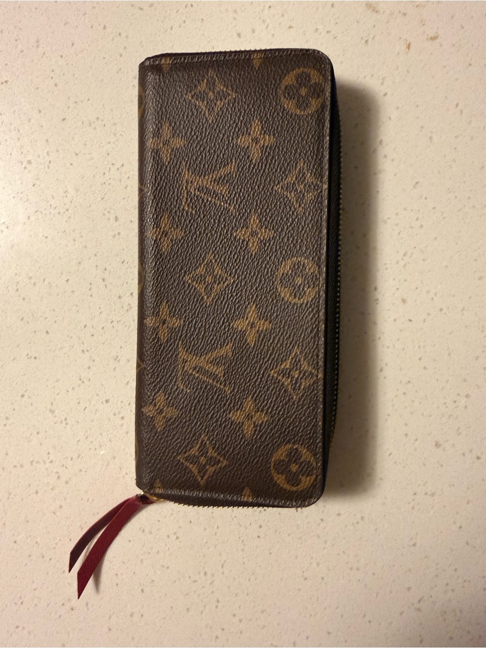 Louis Vuitton Monogram Long Zip Clemence Wallet in Brown with Red Pull AUTHENTIC
